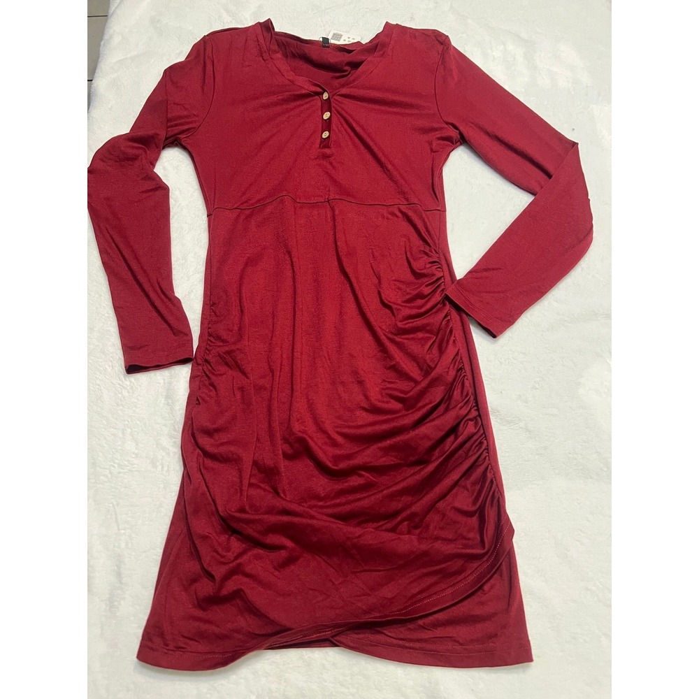 Yesfashion Womens Burgundy Henley Ruched Bodycon Dress Long Sleeve Red Small